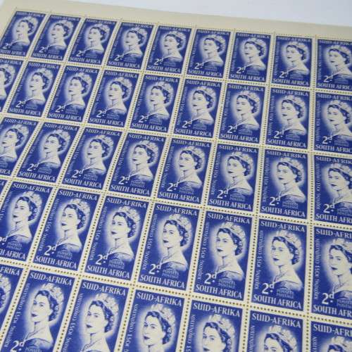 South Africa Full page of 2d 1953 Coronation stamps - variations stamps with marks / spots on face