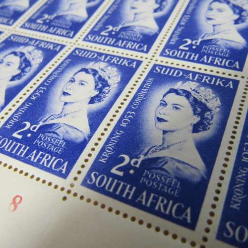 South Africa Full page of 2d 1953 Coronation stamps - variations stamps with marks / spots on face