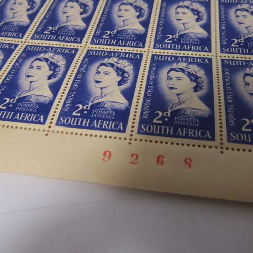South Africa Full page of 2d 1953 Coronation stamps - variations stamps with marks / spots on face
