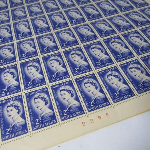 South Africa Full page of 2d 1953 Coronation stamps - variations stamps with marks / spots on face