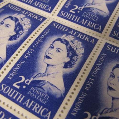South Africa Full page of 2d 1953 Coronation stamps - variations stamps with marks / spots on face