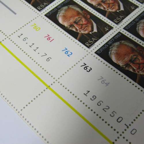 South Africa SACC 416 Totius - Full sheet of 4c stamps with shift in colour of RSA and 4c