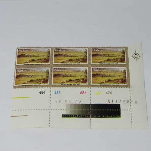 Thomas Baines 30c stamp 1975 SACC 387 - Control block with large shift downwards in black printing