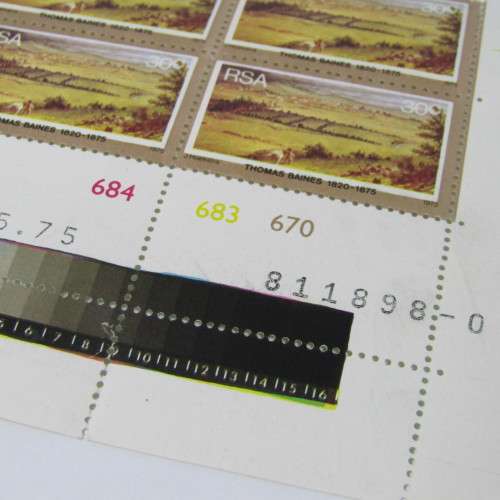 Thomas Baines 30c stamp 1975 SACC 387 - Control block with large shift downwards in black printing