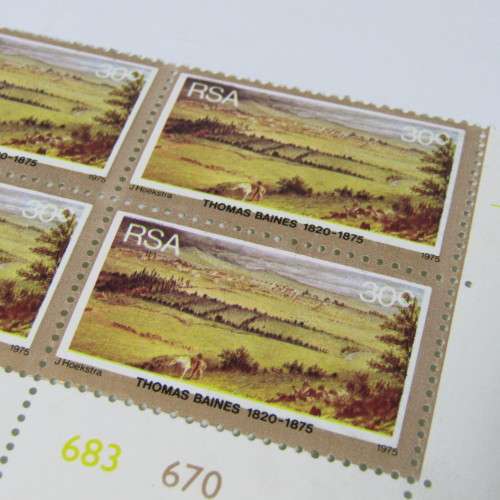 Thomas Baines 30c stamp 1975 SACC 387 - Control block with large shift downwards in black printing