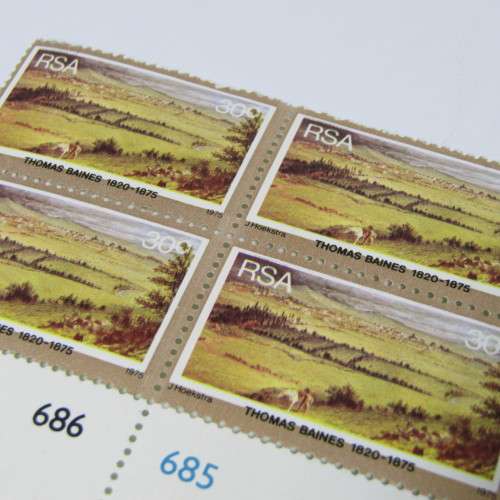 Thomas Baines 30c stamp 1975 SACC 387 - Control block with large shift downwards in black printing