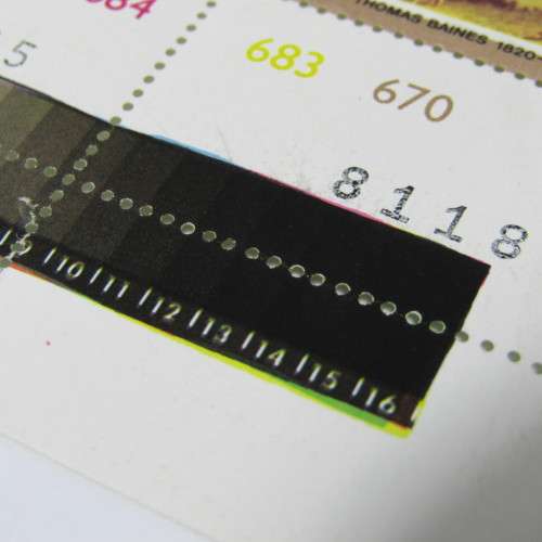 Thomas Baines 30c stamp 1975 SACC 387 - Control block with large shift downwards in black printing
