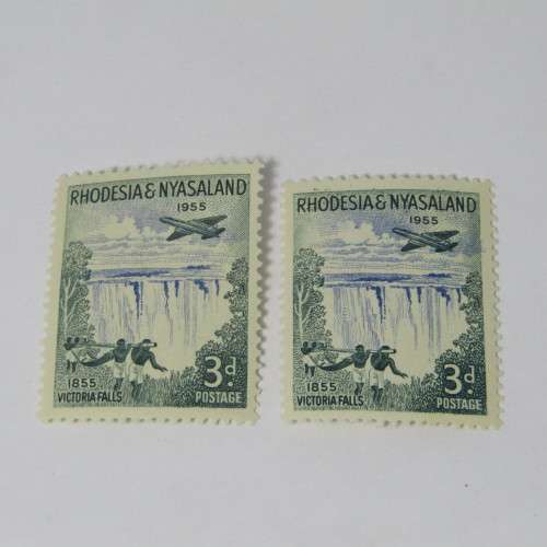 Rhodesia and Nyasaland SACC No. 16 Victoria Falls 3d stamp normal mint plus a mint hinged stamp