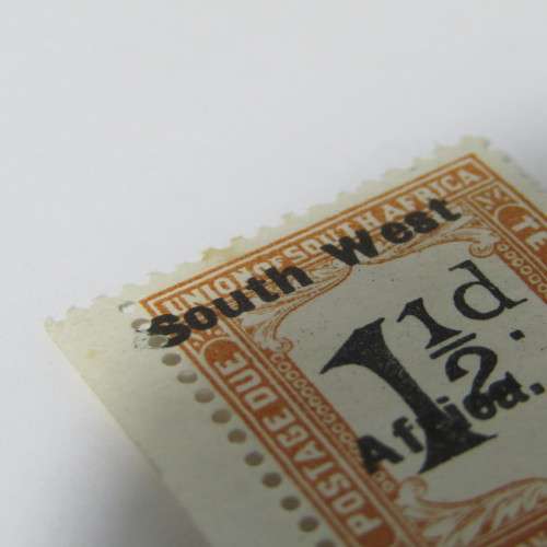 South West Africa 1 1/2 d postage due SACC 23 - large shift to left of overprint