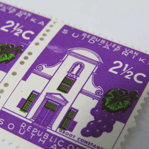 South Africa Two Constantia stamps - right hand stamp with cloud to the of the building