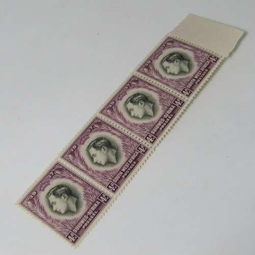 South West Africa SACC 129 - strip of 4 - 2nd stamp with error - purple mark through 4 of 4d