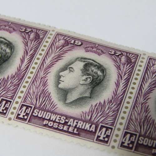South West Africa SACC 129 - strip of 4 - 2nd stamp with error - purple mark through 4 of 4d