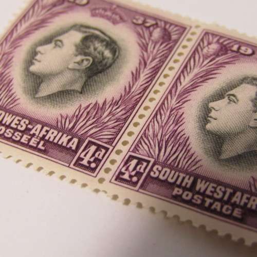 South West Africa SACC 129 - strip of 4 - 2nd stamp with error - purple mark through 4 of 4d