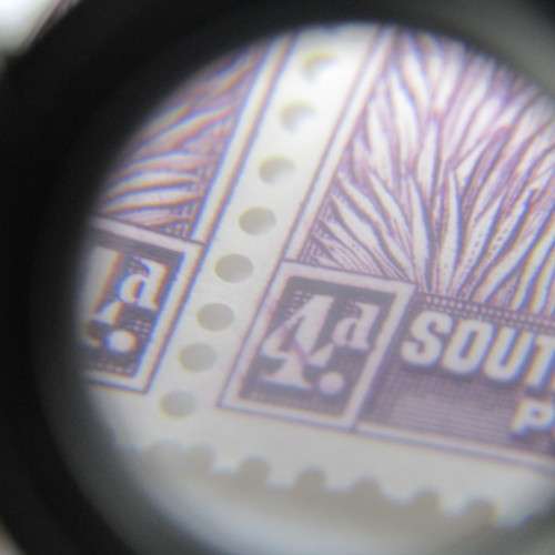 South West Africa SACC 129 - strip of 4 - 2nd stamp with error - purple mark through 4 of 4d