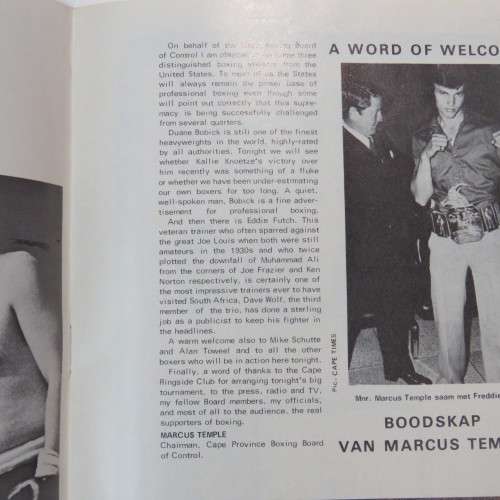 Cape Ringside Club International Boxing souvenir programme - Duane Bobick VS Mike Schutte