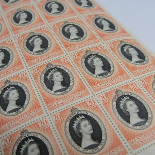 Kenya Uganda and Tanganyika Full page of 20 cents coronation of Queen Elizabeth with faults