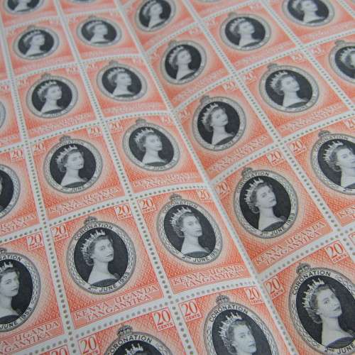 Kenya Uganda and Tanganyika Full page of 20 cents coronation of Queen Elizabeth with faults