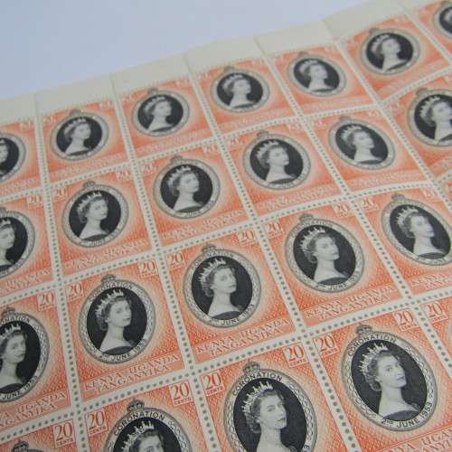Kenya Uganda and Tanganyika Full page of 20 cents coronation of Queen Elizabeth with faults