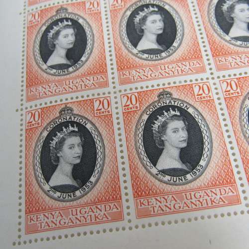 Kenya Uganda and Tanganyika Full page of 20 cents coronation of Queen Elizabeth with faults