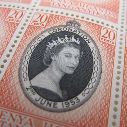 Kenya Uganda and Tanganyika Full page of 20 cents coronation of Queen Elizabeth with faults