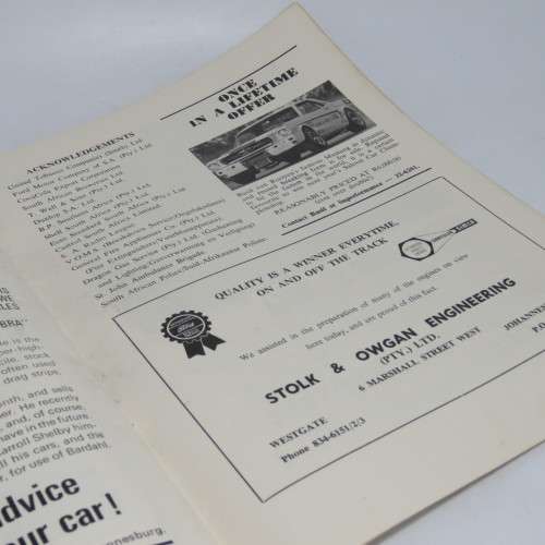 Kyalami Rand Springs Motor races Official programme - 7 October 1967 - Small burned hole on page 7