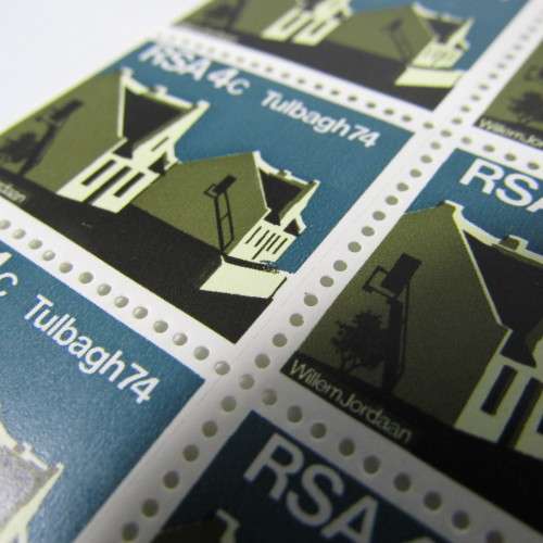 SACC 351 control block of 6 stamps Tulbagh 1974 - blue flow on right hand side on all 6