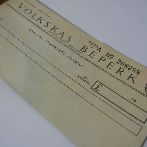 Volkskas Bank tjekboek uit die 1950`s - uitgereik in Brakpan - met 13 ongebruitkte tjeks