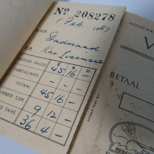 Volkskas Bank tjekboek uit die 1950`s - uitgereik in Brakpan - met 13 ongebruitkte tjeks
