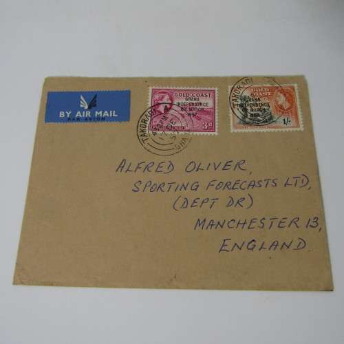 Postal cover posted from Takoradi, Ghana to Manchester, England with 2 gold Gold Coast stamps - genu