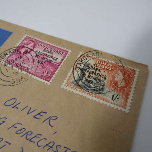 Postal cover posted from Takoradi, Ghana to Manchester, England with 2 gold Gold Coast stamps - genu