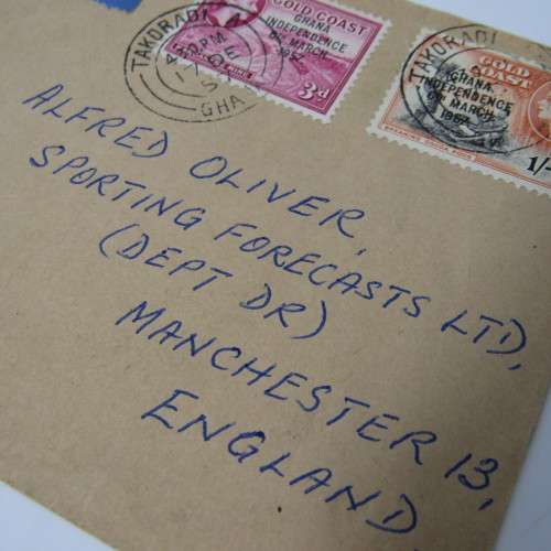 Postal cover posted from Takoradi, Ghana to Manchester, England with 2 gold Gold Coast stamps - genu