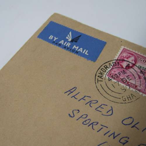 Postal cover posted from Takoradi, Ghana to Manchester, England with 2 gold Gold Coast stamps - genu