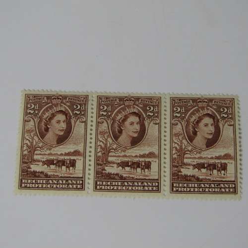 Bechuanaland protectorate 1955 Definitive Issue 2 penny stamp - SACC 140 - strip of 3 with 3 black d