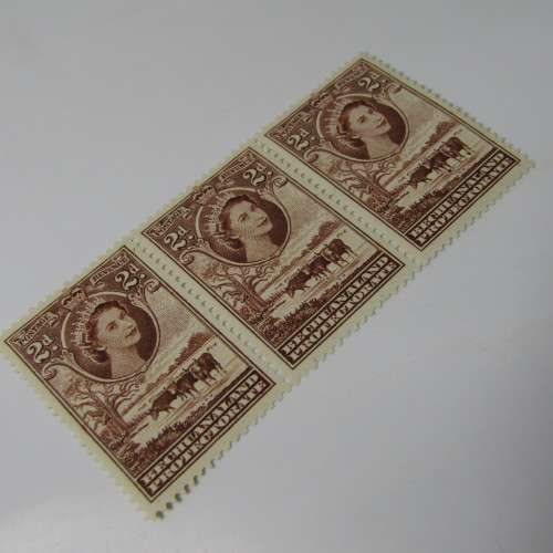 Bechuanaland protectorate 1955 Definitive Issue 2 penny stamp - SACC 140 - strip of 3 with 3 black d