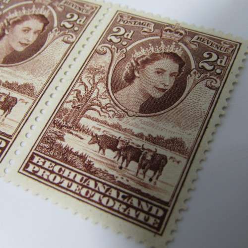 Bechuanaland protectorate 1955 Definitive Issue 2 penny stamp - SACC 140 - strip of 3 with 3 black d