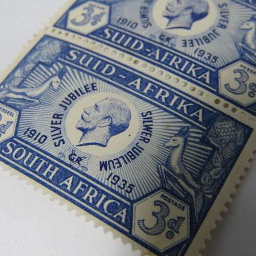 SACC 66 Silver Jubilee of George V 3d stamp with 2 brown and 1 black dot on bottom stamp