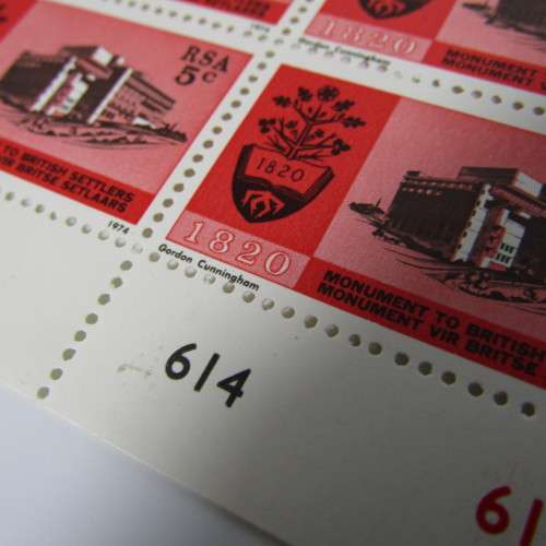 SACC British Settlers 5 cent stamps - control block with major downward shift of printing into the n