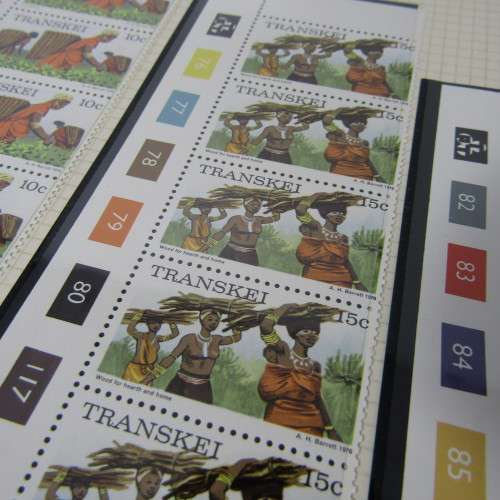 4 Sets of Transkei control block strips mint. Definitive issue 1976 - From 1c to 20c