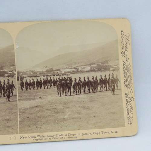 Boer War stereoscope card #10 New South Wales Army Medical Corps on parade, Cape Town
