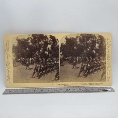Boee War stereoscope card #106 - Lord Roberts and Lord Kitchener reviewing the troops