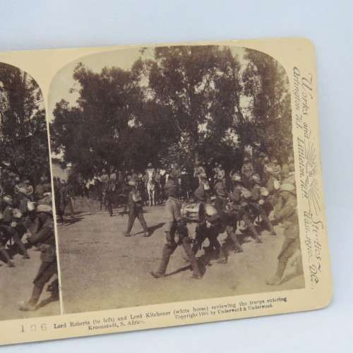 Boee War stereoscope card #106 - Lord Roberts and Lord Kitchener reviewing the troops