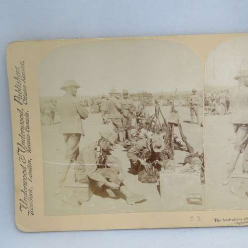 Boer War Stereoscope card #51 - The Australians after their experience of the Victory at Belmont