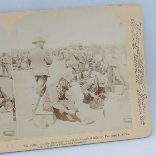 Boer War Stereoscope card #51 - The Australians after their experience of the Victory at Belmont