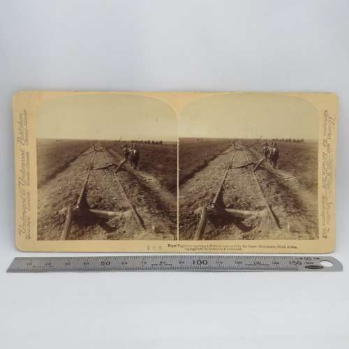 Boer War stereoscope card #106 - Royal Engineers repairing a Railway destroyed by the Boers