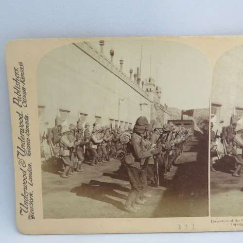 Boer War stereoscope card #111 - Inspection of the Cheshire regiment in the Fort at Johannesburg