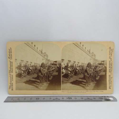Boer War stereoscope card #111 - Inspection of the Cheshire regiment in the Fort at Johannesburg