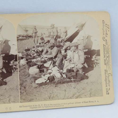 Boer War stereoscope card #96 - Kit Inspection of the R.P.R`s of the morning of their gallant