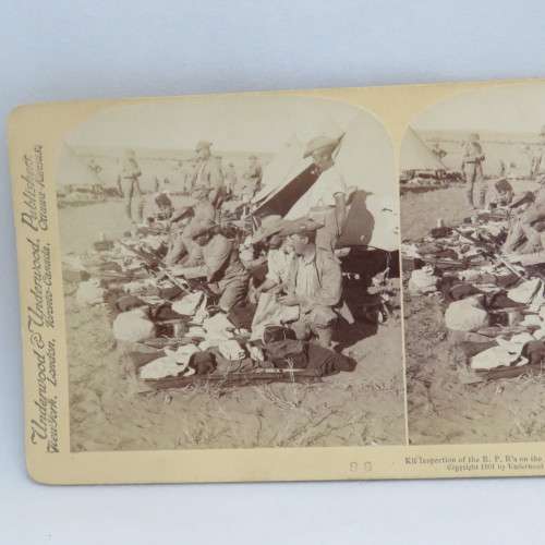 Boer War stereoscope card #96 - Kit Inspection of the R.P.R`s of the morning of their gallant