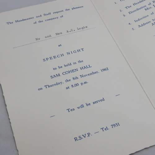 1962 Invitation to Speech night at the English Medium High School, Windhoek