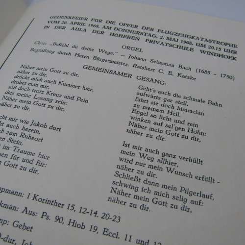 Original Memorial service booklet for Windhoek Air Disaster 20 April 1968 of SA Airways flight 228